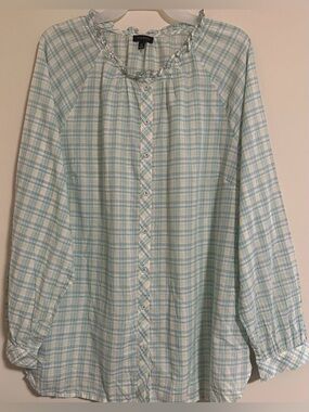 TALBOTS Shirt Womens XL Button Up Blouse Top Long Sleeve Green Semi-Sheer